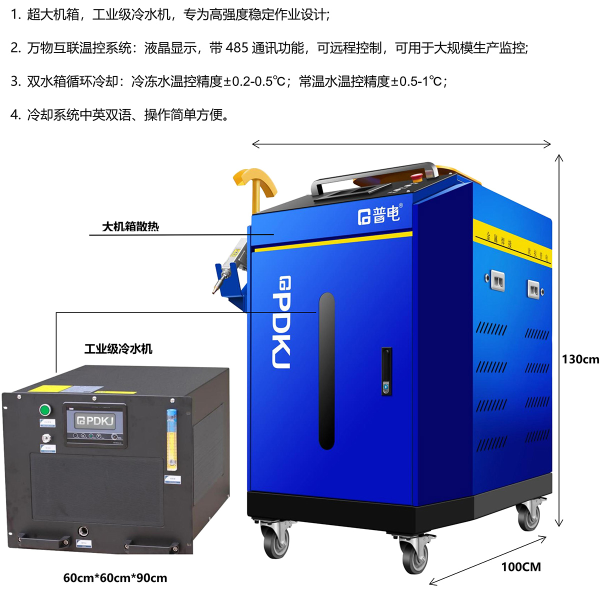 1. 超大机箱，工业级冷水机，专为高强度稳定作业设计;
2. 万物互联温控系统：液晶显示，带 485 通讯功能，可远程控制，可用于大规模生产监控;
3. 双水箱循环冷却：冷冻水温控精度±0.2-0.5℃；常温水温控精度±0.5-1℃；
4. 冷却系统中英双语、操作简单方便